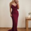 Sheath/Column Cowl Neck Spaghetti Straps Sweep Train Satin Prom Dress-129
