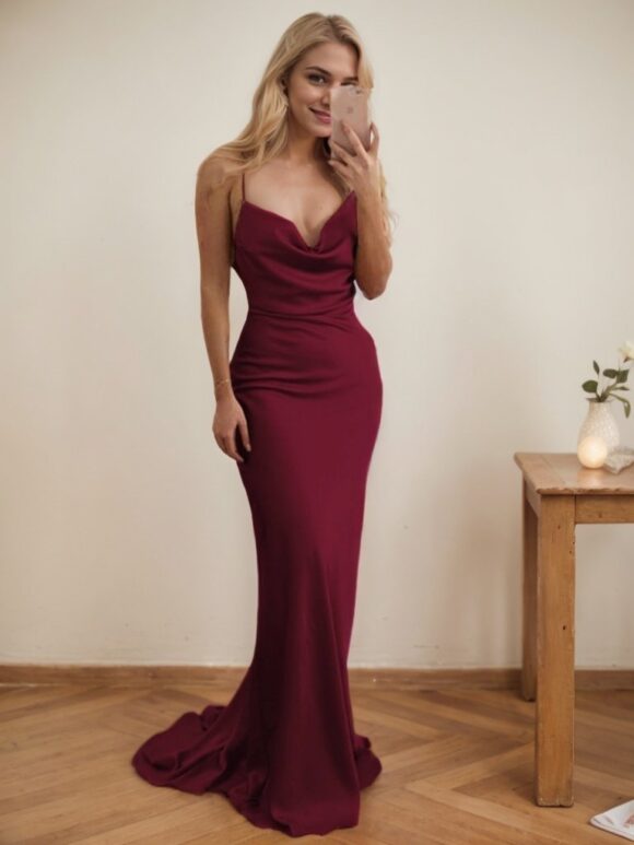 Sheath/Column Cowl Neck Spaghetti Straps Sweep Train Satin Prom Dress-129 Sheath/Column Cowl Neck Spaghetti Straps Sweep Train Satin Prom Dress-129