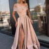 A-line Off-the-Shoulder Long/Floor-Length Satin Prom Dress With Bandage