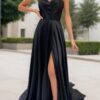 A-line Sweetheart Strapless Sweep Train Charmeuse Prom Dress With Pleated Split