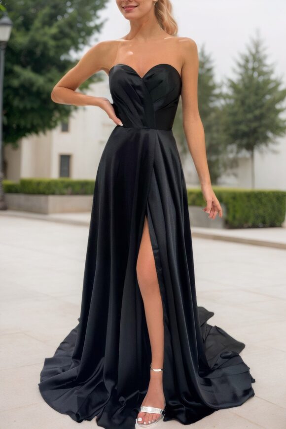 A-line Sweetheart Strapless Sweep Train Charmeuse Prom Dress With Pleated Split A-line Sweetheart Strapless Sweep Train Charmeuse Prom Dress With Pleated Split