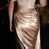 Sheath/Column Off-the-Shoulder Short Sleeve Sweep Train Satin Prom Dress With Pleated