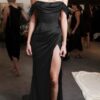 Sheath/Column Off-the-Shoulder Short Sleeve Sweep Train Satin Prom Dress With Pleated