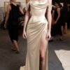 Sheath/Column Off-the-Shoulder Short Sleeve Sweep Train Satin Prom Dress With Pleated