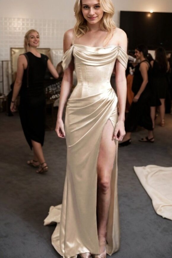Sheath/Column Off-the-Shoulder Short Sleeve Sweep Train Satin Prom Dress With Pleated Sheath/Column Off-the-Shoulder Short Sleeve Sweep Train Satin Prom Dress With Pleated