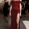 Sheath/Column Off-the-Shoulder Short Sleeve Sweep Train Satin Prom Dress With Pleated