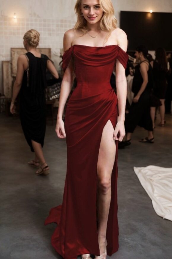 Sheath/Column Off-the-Shoulder Short Sleeve Sweep Train Satin Prom Dress With Pleated Sheath/Column Off-the-Shoulder Short Sleeve Sweep Train Satin Prom Dress With Pleated