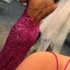 Sheath/Column V Neck Spaghetti Straps Long/Floor-Length Velvet Sequins Prom Dress With Split