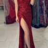 Sheath/Column V Neck Spaghetti Straps Long/Floor-Length Velvet Sequins Prom Dress With Split