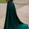 A-line V Neck Sleeveless Satin Sweep Train Prom Dress With Pockets Waistband Split