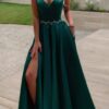 A-line V Neck Sleeveless Satin Sweep Train Prom Dress With Pockets Waistband Split