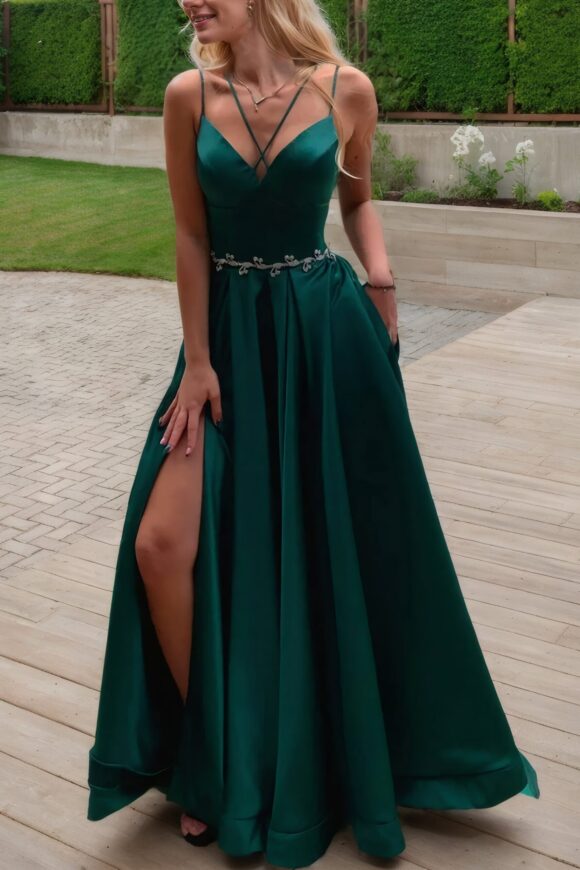 A-line V Neck Sleeveless Satin Sweep Train Prom Dress With Pockets Waistband Split A-line V Neck Sleeveless Satin Sweep Train Prom Dress With Pockets Waistband Split