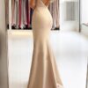 Trumpet/Mermaid V Neck Sleeveless Sweep Train Satin Prom Dresses