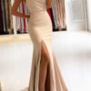 Trumpet/Mermaid V Neck Sleeveless Sweep Train Satin Prom Dresses