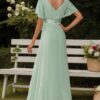 A-Line/Princess Chiffon Ruched V-neck Short Sleeves Sweep/Brush Train Bridesmaid Dresses-134