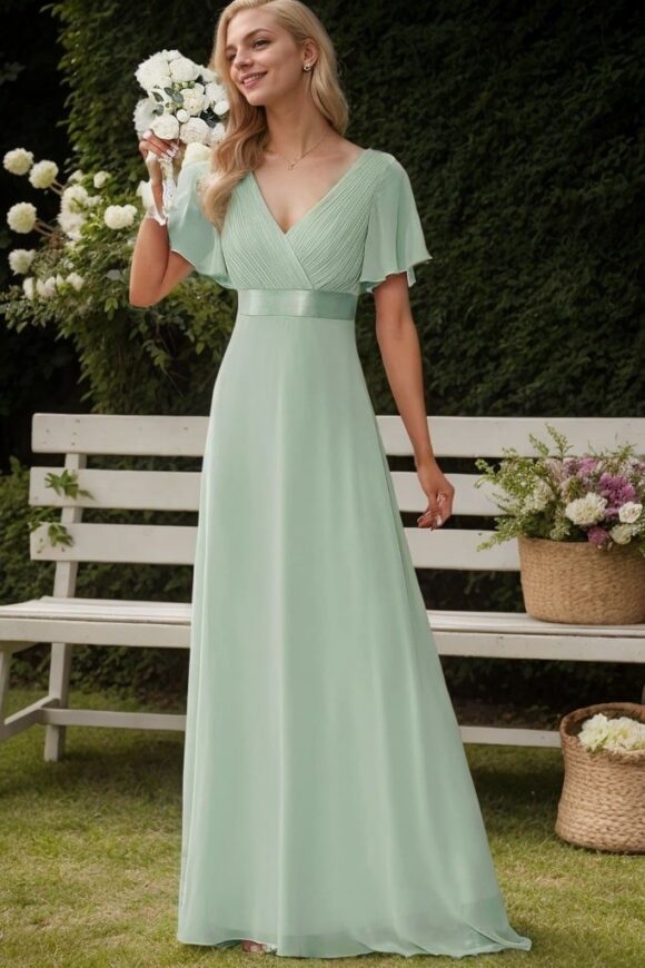 A-Line/Princess Chiffon Ruched V-neck Short Sleeves Sweep/Brush Train Bridesmaid Dresses-135 A-Line/Princess Chiffon Ruched V-neck Short Sleeves Sweep/Brush Train Bridesmaid Dresses-135