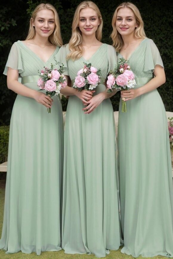 A-Line/Princess Chiffon Ruched V-neck Short Sleeves Sweep/Brush Train Bridesmaid Dresses-0 A-Line/Princess Chiffon Ruched V-neck Short Sleeves Sweep/Brush Train Bridesmaid Dresses-0