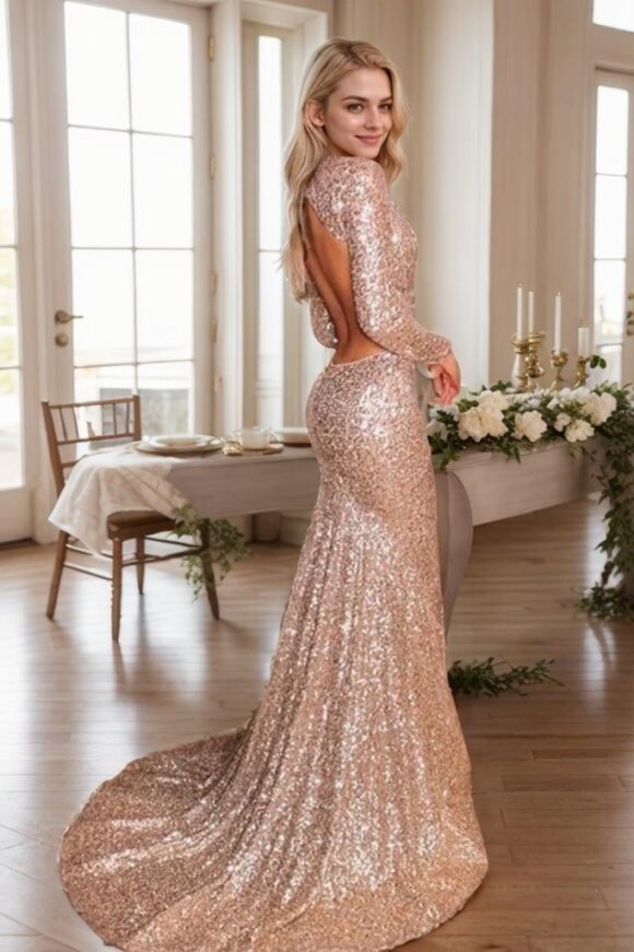 Trumpet/Mermaid Sequins Long Sleeves V-neck Court Train Ruffles Prom Dresses Trumpet/Mermaid Sequins Long Sleeves V-neck Court Train Ruffles Prom Dresses