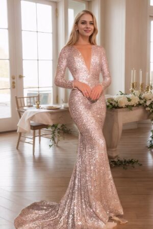 Trumpet/Mermaid Sequins Long Sleeves V-neck Court Train Ruffles Prom Dresses