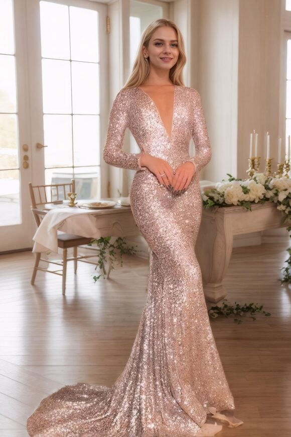 Trumpet/Mermaid Sequins Long Sleeves V-neck Court Train Ruffles Prom Dresses Trumpet/Mermaid Sequins Long Sleeves V-neck Court Train Ruffles Prom Dresses