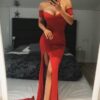 Trumpet/Mermaid Off-the-Shoulder Short Sleeve Court Train Jersey Prom Dresses With Split