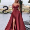A-line Sleeveless V Neck Long/Floor-Length Satin Prom Dresses With Split Pockets