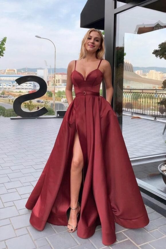 A-line Sleeveless V Neck Long/Floor-Length Satin Prom Dresses With Split Pockets A-line Sleeveless V Neck Long/Floor-Length Satin Prom Dresses With Split Pockets