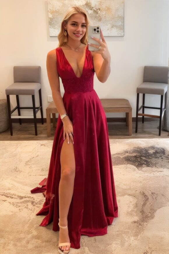 A-Line/Princess Elastic Woven Silk Applique V-neck Sleeveless Sweep/Brush Train Prom Dresses A-Line/Princess Elastic Woven Silk Applique V-neck Sleeveless Sweep/Brush Train Prom Dresses