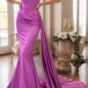 Trumpet/Mermaid One-Shoulder Sleeveless Sweep Train Satin Prom Dresses With Pleated
