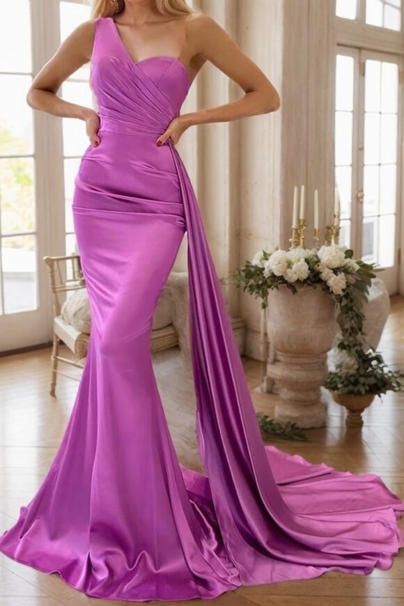 Trumpet/Mermaid One-Shoulder Sleeveless Sweep Train Satin Prom Dresses With Pleated Trumpet/Mermaid One-Shoulder Sleeveless Sweep Train Satin Prom Dresses With Pleated