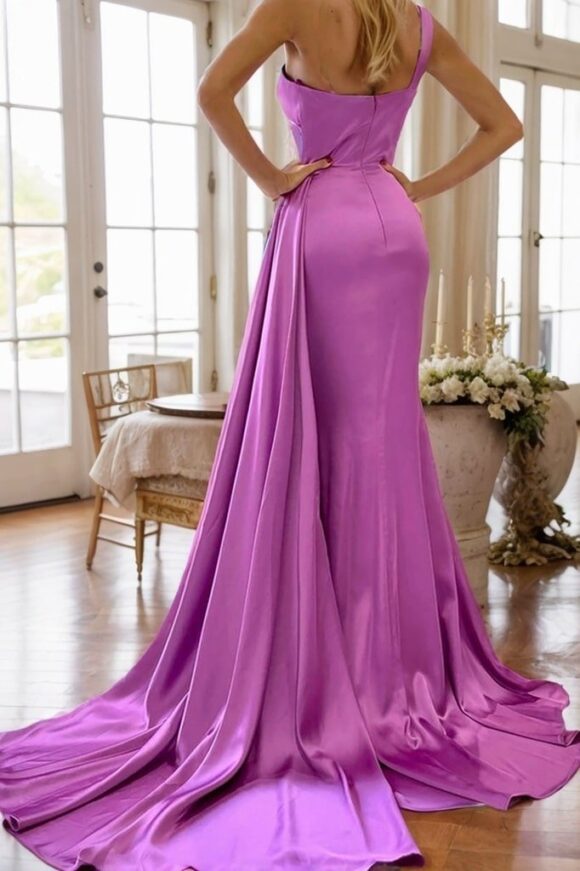 Trumpet/Mermaid One-Shoulder Sleeveless Sweep Train Satin Prom Dresses With Pleated Trumpet/Mermaid One-Shoulder Sleeveless Sweep Train Satin Prom Dresses With Pleated