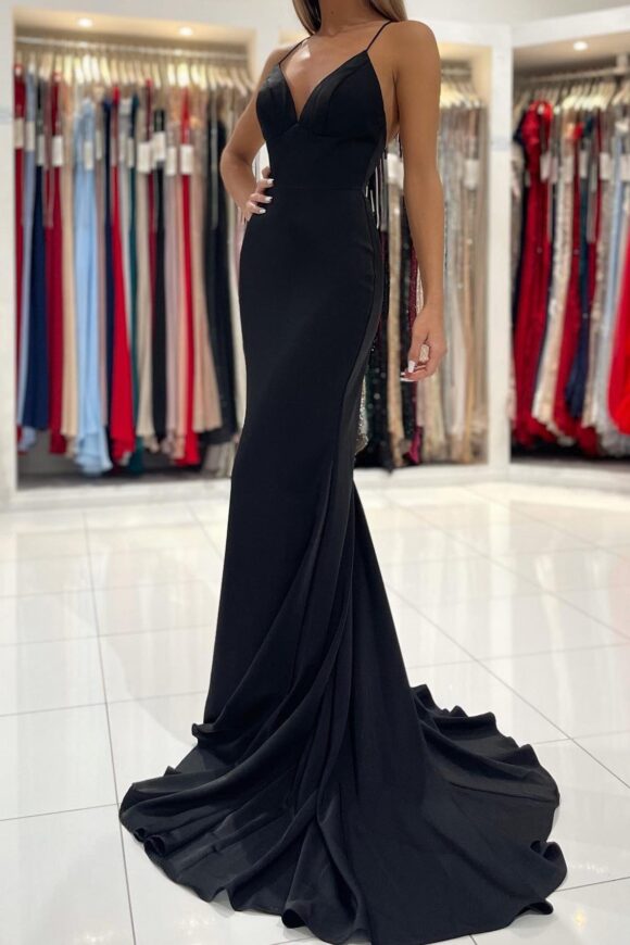 Trumpet/Mermaid V Neck Sweep Train Sleeveless Elastic Satin Prom Dress Trumpet/Mermaid V Neck Sweep Train Sleeveless Elastic Satin Prom Dress
