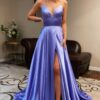 A-line V Neck Sleeveless Charmeuse Sweep Train Prom Dress With Split