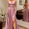 A-line V Neck Sleeveless Charmeuse Sweep Train Prom Dress With Split