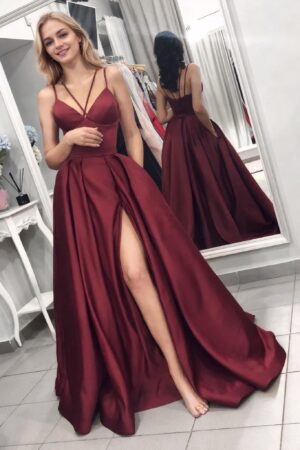 A-Line/Princess Sleeveless Spaghetti Straps Sweep/Brush Train Ruffles Satin Dresses