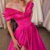 A-line Off-the-Shoulder Short Sleeve Satin Long/Floor-Length Prom Dresses With Ruffles Split
