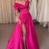 A-line Off-the-Shoulder Short Sleeve Satin Long/Floor-Length Prom Dresses With Ruffles Split