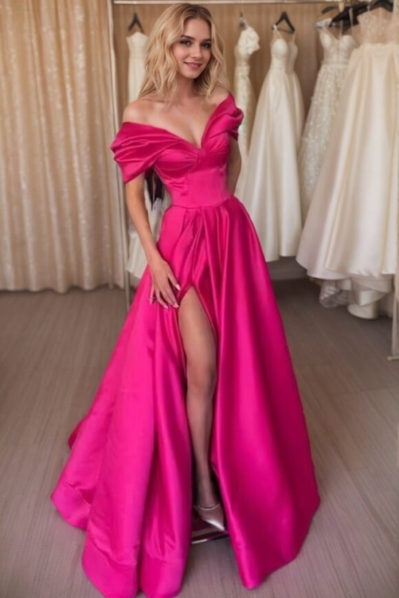 A-line Off-the-Shoulder Short Sleeve Satin Long/Floor-Length Prom Dresses With Ruffles Split A-line Off-the-Shoulder Short Sleeve Satin Long/Floor-Length Prom Dresses With Ruffles Split