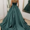 Ball Gown Sleeveless Scalloped Neck Sweep Train Satin Prom Dresses With Pleated Pockets