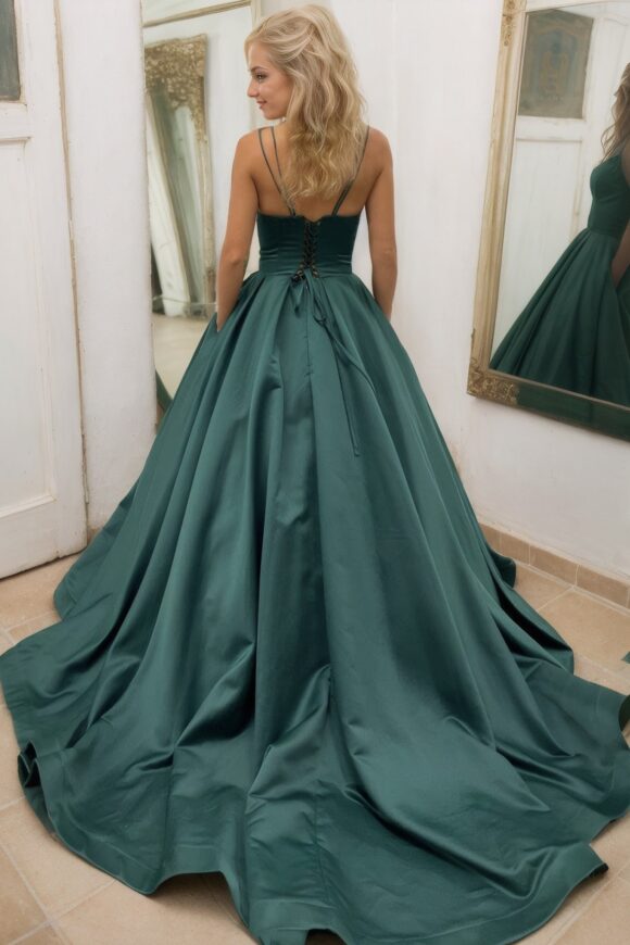Ball Gown Sleeveless Scalloped Neck Sweep Train Satin Prom Dresses With Pleated Pockets Ball Gown Sleeveless Scalloped Neck Sweep Train Satin Prom Dresses With Pleated Pockets