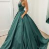 Ball Gown Sleeveless Scalloped Neck Sweep Train Satin Prom Dresses With Pleated Pockets