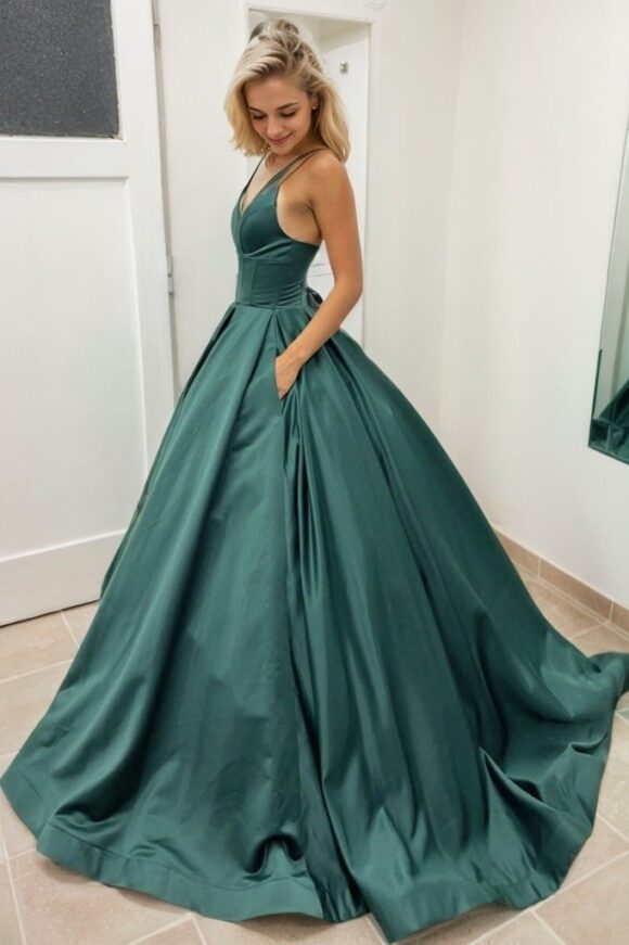 Ball Gown Sleeveless Scalloped Neck Sweep Train Satin Prom Dresses With Pleated Pockets Ball Gown Sleeveless Scalloped Neck Sweep Train Satin Prom Dresses With Pleated Pockets