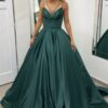 Ball Gown Sleeveless Scalloped Neck Sweep Train Satin Prom Dresses With Pleated Pockets