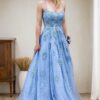 A-Line/Princess Tulle Applique Spaghetti Straps Sleeveless Sweep/Brush Train Prom Dresses