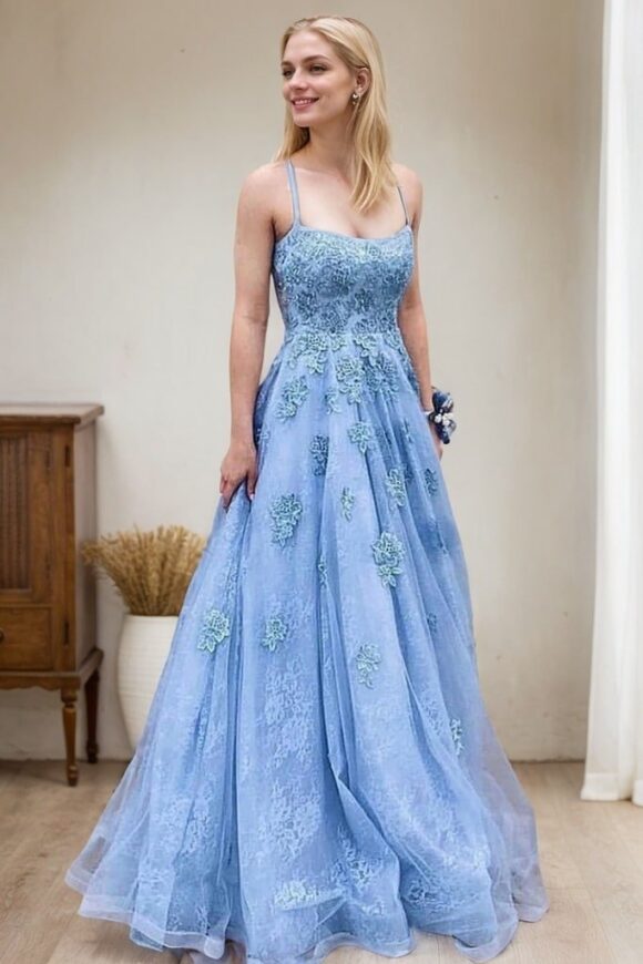 A-Line/Princess Tulle Applique Spaghetti Straps Sleeveless Sweep/Brush Train Prom Dresses A-Line/Princess Tulle Applique Spaghetti Straps Sleeveless Sweep/Brush Train Prom Dresses