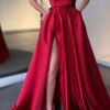 A-line Off-the-Shoulder Sweep Train Satin Prom Dresses With Pleated Pockets Split