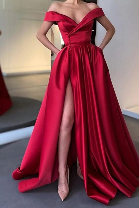 A-line Off-the-Shoulder Sweep Train Satin Prom Dresses With Pleated Pockets Split A-line Off-the-Shoulder Sweep Train Satin Prom Dresses With Pleated Pockets Split