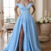 A-line Off-the-Shoulder Sweep Train Satin Prom Dresses With Pleated Pockets Split