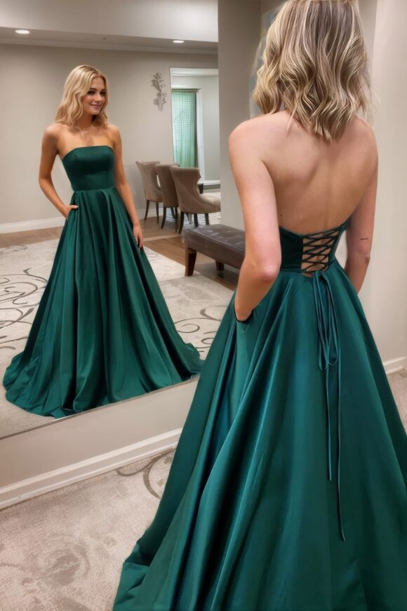 A-Line/Princess Satin Ruffles Strapless Sleeveless Sweep/Brush Train Prom Dresses A-Line/Princess Satin Ruffles Strapless Sleeveless Sweep/Brush Train Prom Dresses