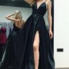 A-line V Neck Sleeveless Satin Long/Floor-Length Prom Dresses With Pockets Split